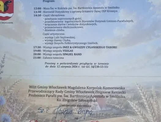 Dożynki Gminno-Parafialne w Smólniku – program i zaproszenie