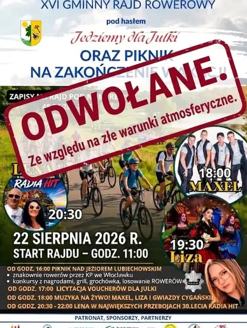 XVI Gminny Rajd Rowerowy i piknik odwołane z powodu pogody