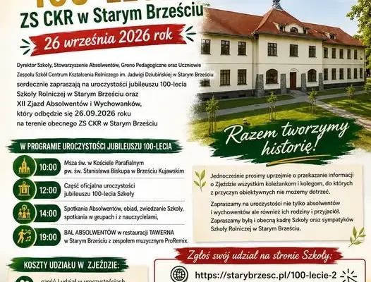 100-lecie Szkoły Rolniczej w Starym Brześciu – zjazd absolwentów już 26 września