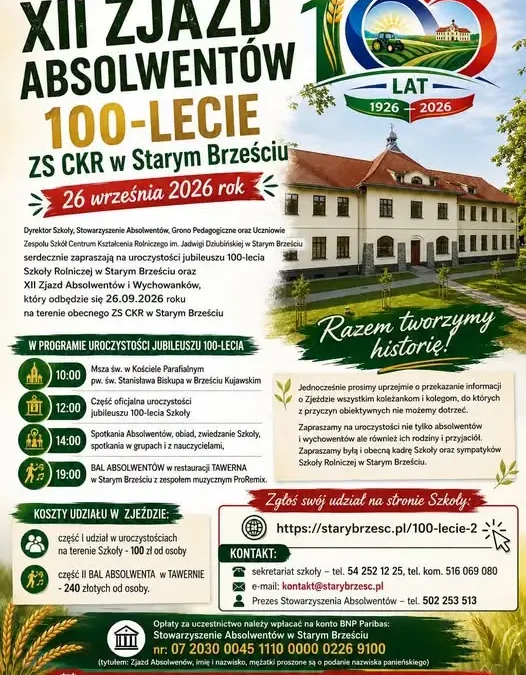 100-lecie Szkoły Rolniczej w Starym Brześciu – zjazd absolwentów już 26 września