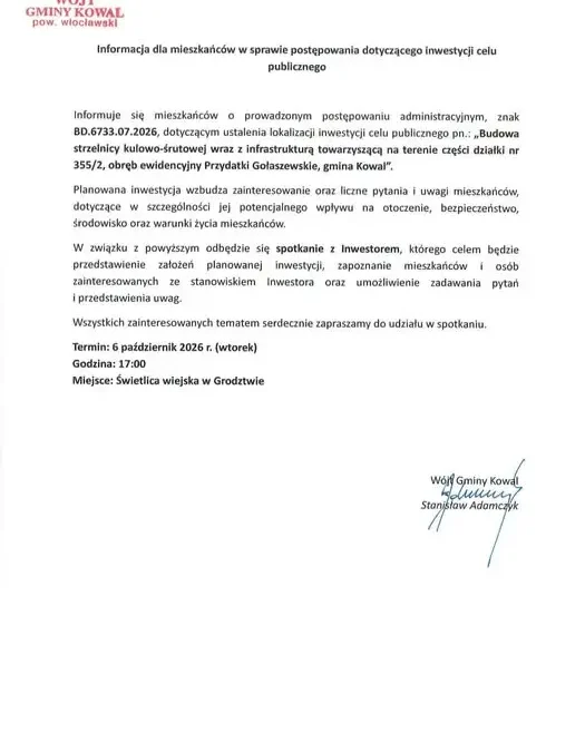 Strzelnica kulowo-śrutowa w gminie Kowal – spotkanie z inwestorem 6 października