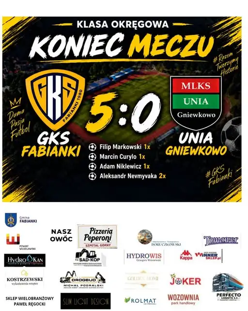 GKS Fabianki rozgromił Unię Gniewkowo 5:0 w meczu klasy okręgowej