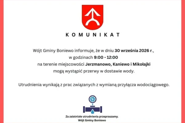 Przerwa w dostawie wody w Jerzmanowie, Kaniwie i Mikołajkach – 30 września
