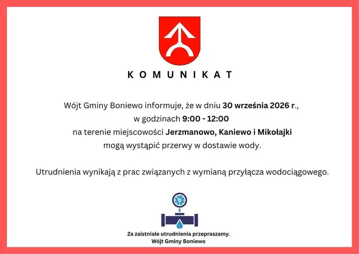 Przerwa w dostawie wody w Jerzmanowie, Kaniwie i Mikołajkach – 30 września