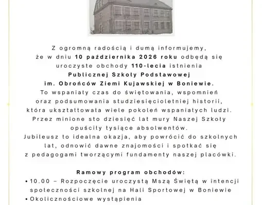 110-lecie Szkoły Podstawowej w Boniewie – zaproszenie dla absolwentów i mieszkańców