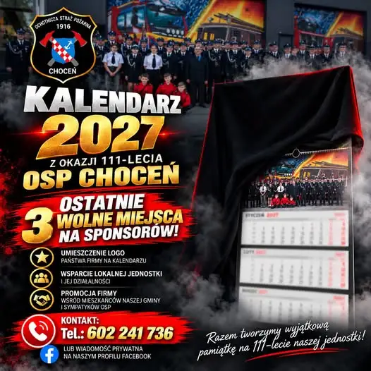 Ostatnia szansa dla sponsorów – kalendarz 2027 OSP Choceń na finiszu
