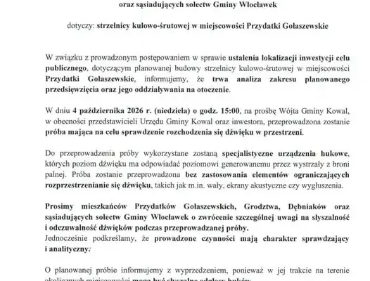 Próba hukowa w Przydatkach Gołaszewskich. Mieszkańcy sprawdzą słyszalność dźwięku