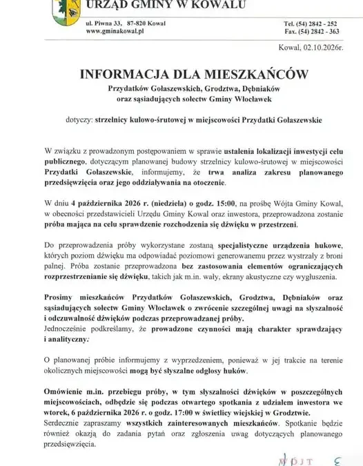 Próba hukowa w Przydatkach Gołaszewskich. Mieszkańcy sprawdzą słyszalność dźwięku