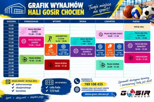 Hala sportowa w Choceniu do wynajęcia – sprawdź wolne terminy