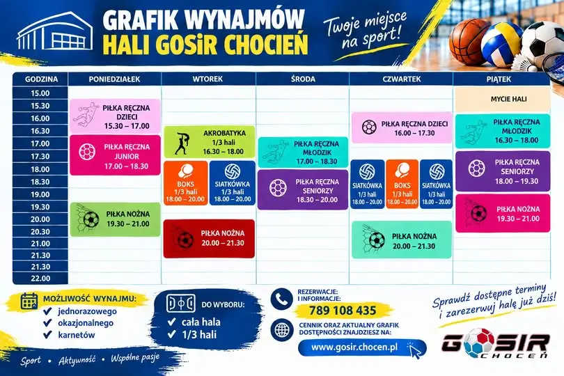 Hala sportowa w Choceniu do wynajęcia – sprawdź wolne terminy