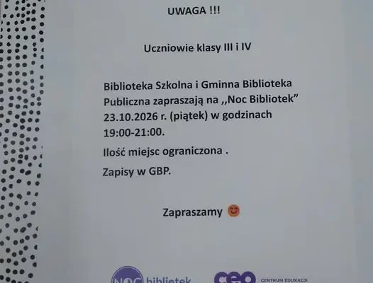 Noc Bibliotek w Gminnej Bibliotece Publicznej – zapisy dla klas III i IV