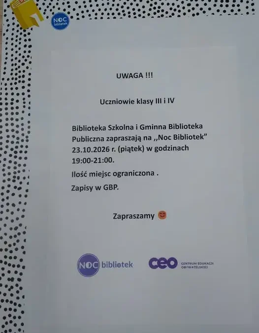 Noc Bibliotek w Gminnej Bibliotece Publicznej – zapisy dla klas III i IV