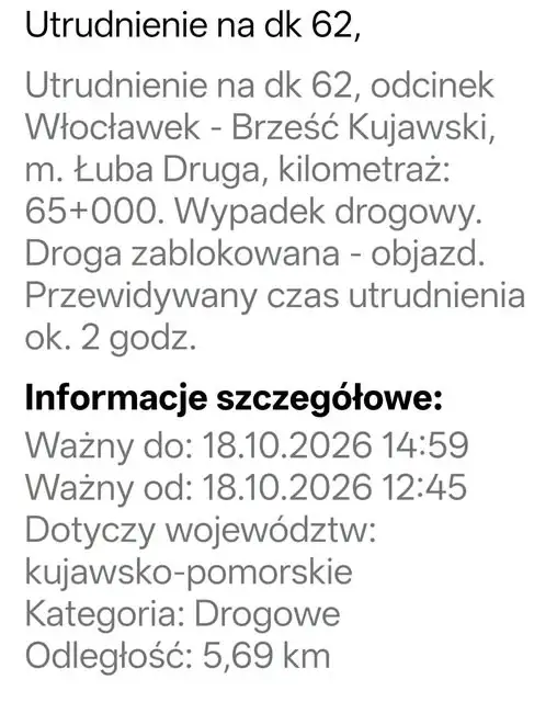 Wypadek na DK 62 między Włocławkiem a Brześciem Kujawskim – droga zablokowana