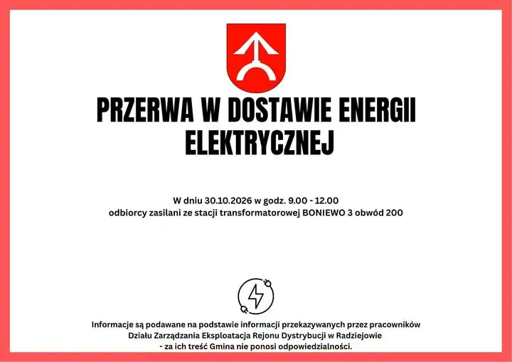 Planowana przerwa w dostawie prądu w gminie Boniewo – 30 października