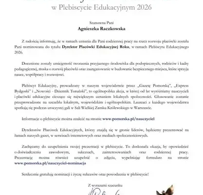Szkoła w Chodczu i dyrektor Agnieszka Raczkowska z nominacjami w Plebiscycie Edukacyjnym